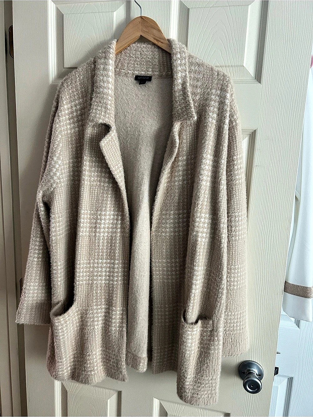 J Jill Open-Front Sweater Blazer in Houndstooth Cardigan Beige size X-Large.